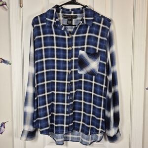 Polly & Esther Soft Blue Plaid Flannel Rayon Button-Up Shirt - Size L